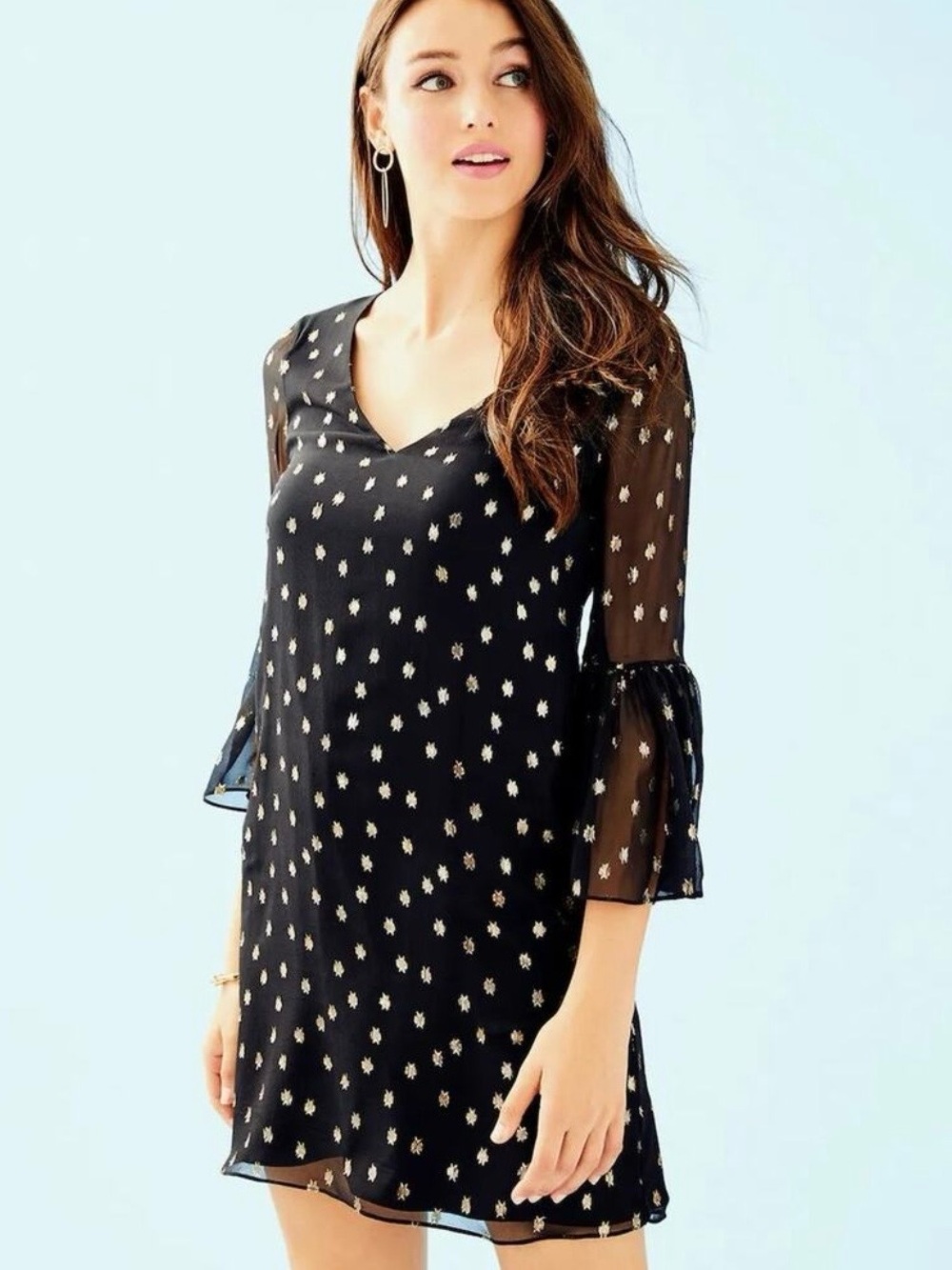 Lilly Pulitzer Caroline Silk Tunic Dress in Onyx Starry Clip Chiffon Black/Gold